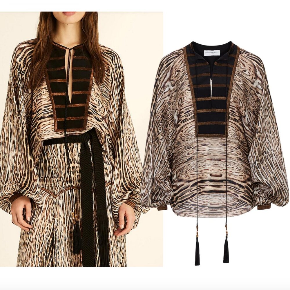 AMANDA WAKELEY Ocelot print silk boho top UK 8 US 4 S